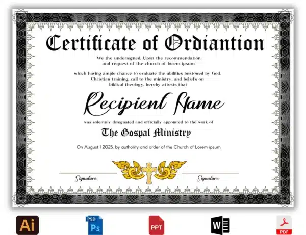 Ordination Gospel Ministry Certificate