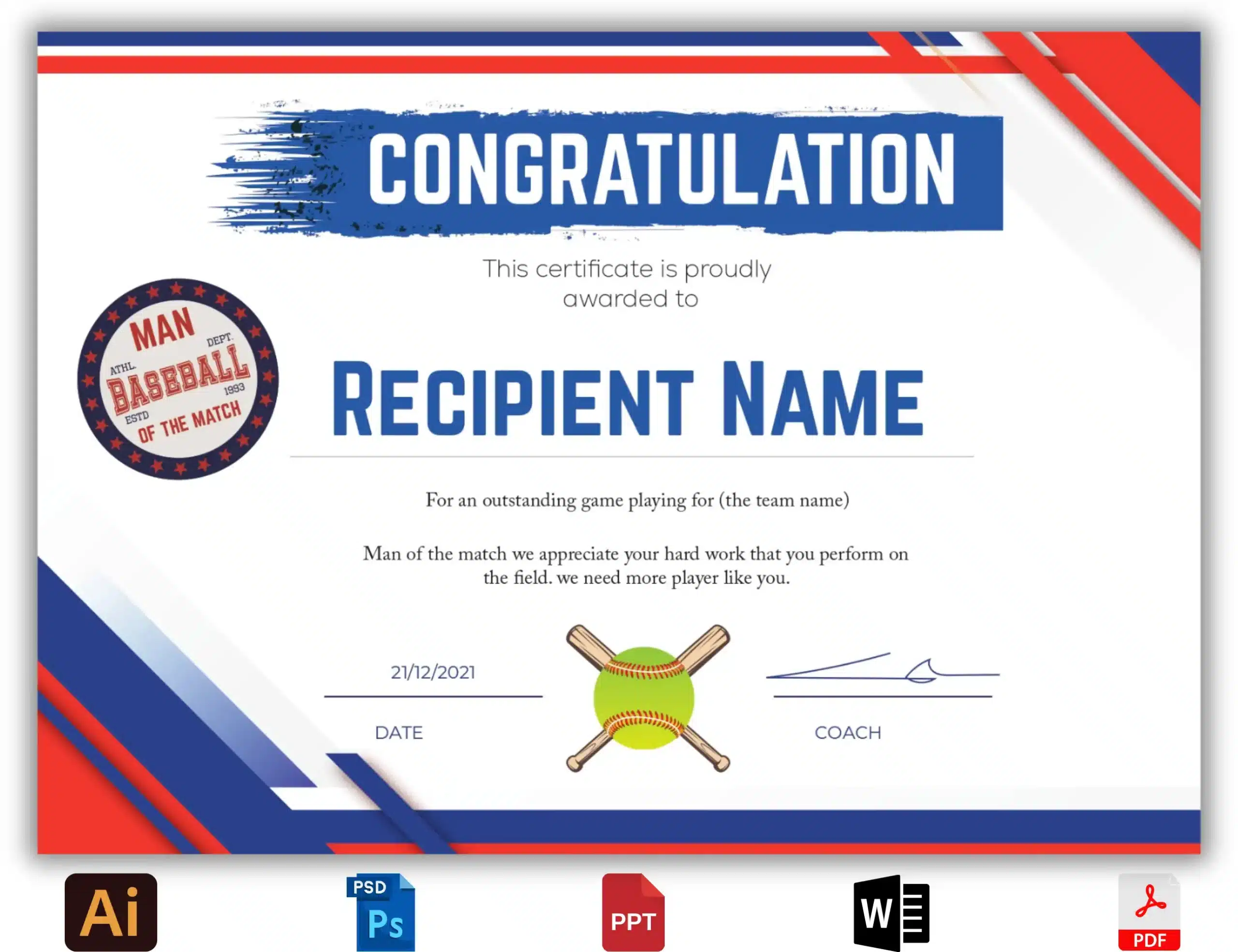 Congratulation Certificate for Baseball