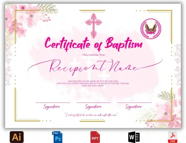 Pink Certificate of Baptism