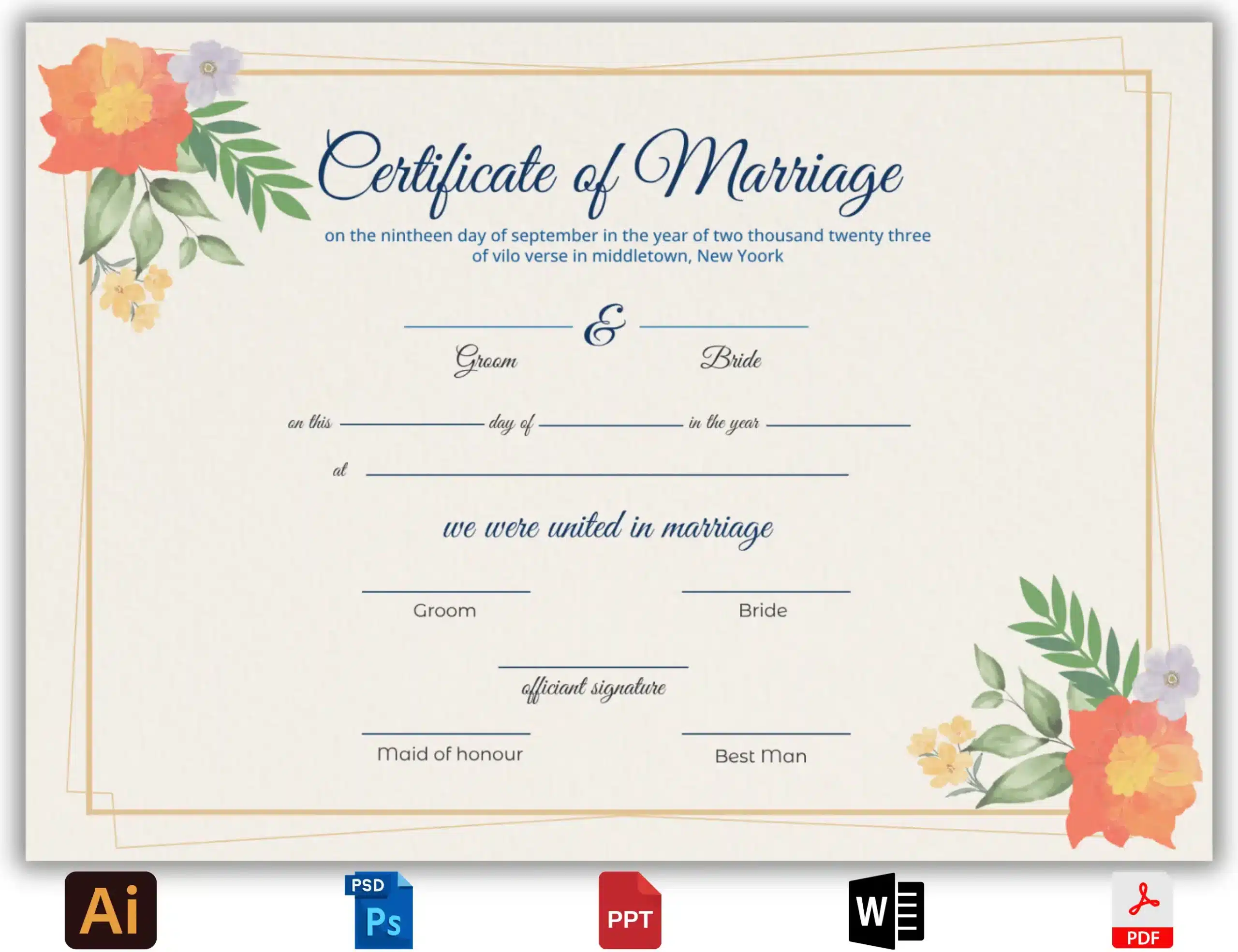 Golden Certificate of Marriage Template - 99diploma.com