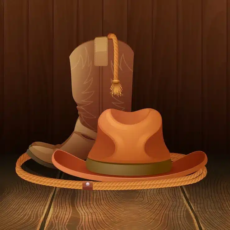 cowboy hat boots lasso wooden ba