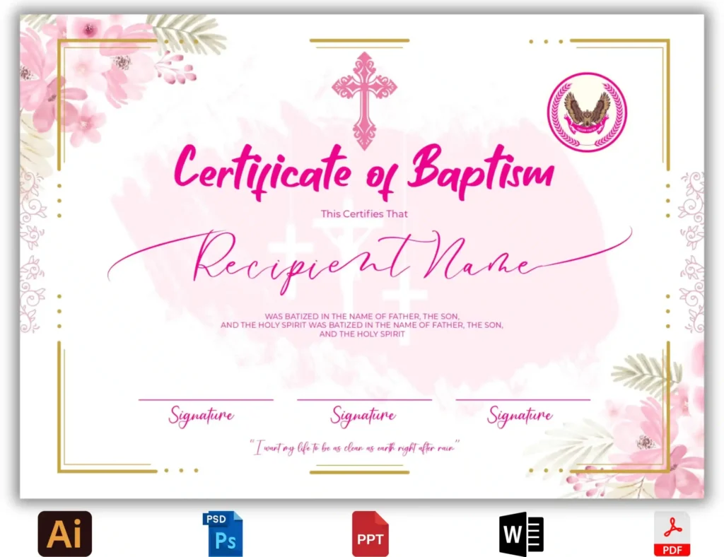 Elegant Pink Baptism Certificate Template